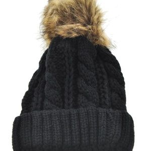 Black Knit Beanie Hat With Brown Pom Pom